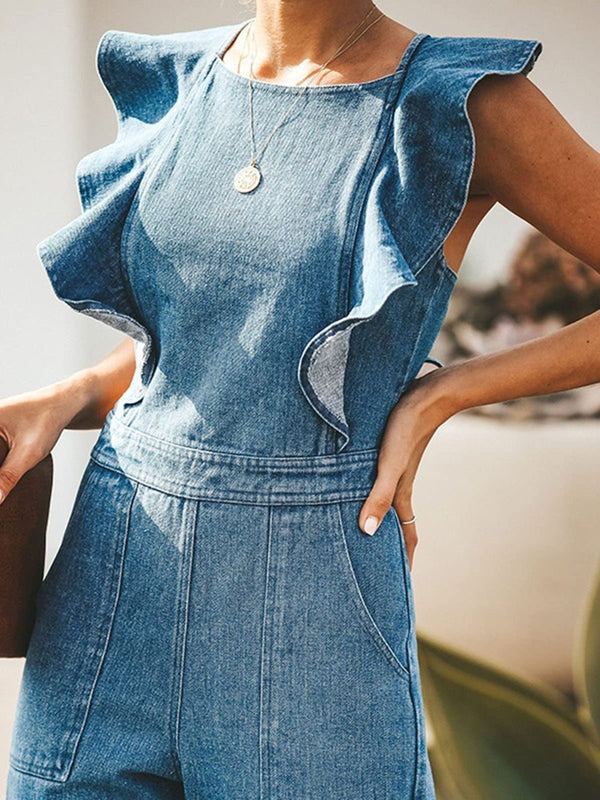 Women's Ruffled Sleeveless Denim Jumpsuit | Tied Waist | Medium Wash | S–XL
