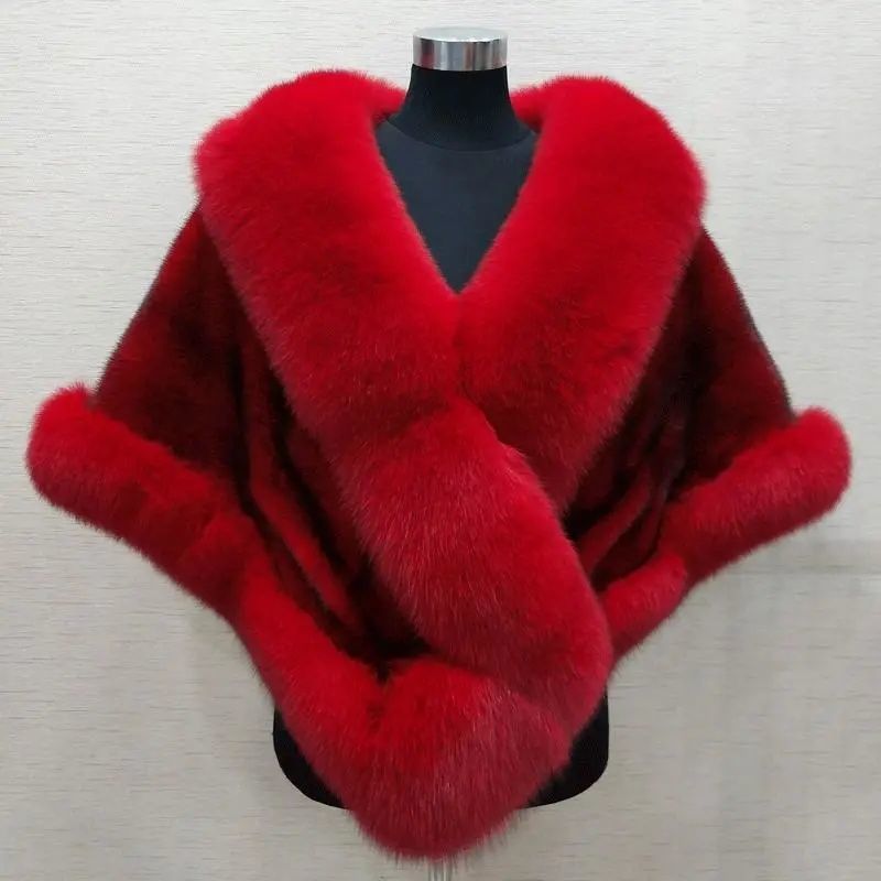 Women's Sleeveless Shawl Imitation Mink Fur Cape Coat Plus Size in White, Black, Wine Red, Gray Black - Allen - Fitness
