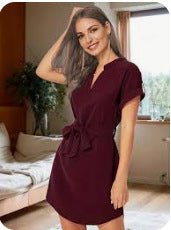 Women’s V - Neck Short Sleeve Belted Dress – Summer Bowknot Fashion - Allen - Fitness