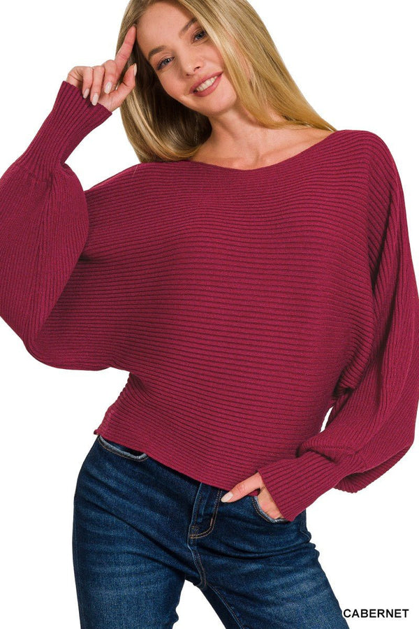 Women's Boat Neck Balloon Sleeve Sweater | Ribbed Knit | Cabernet | S–L