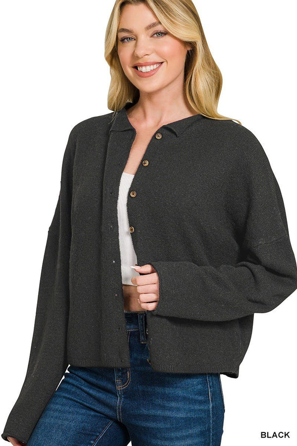 Women's Collared Button-Down Cardigan Sweater | Soft Knit | Black | S–L