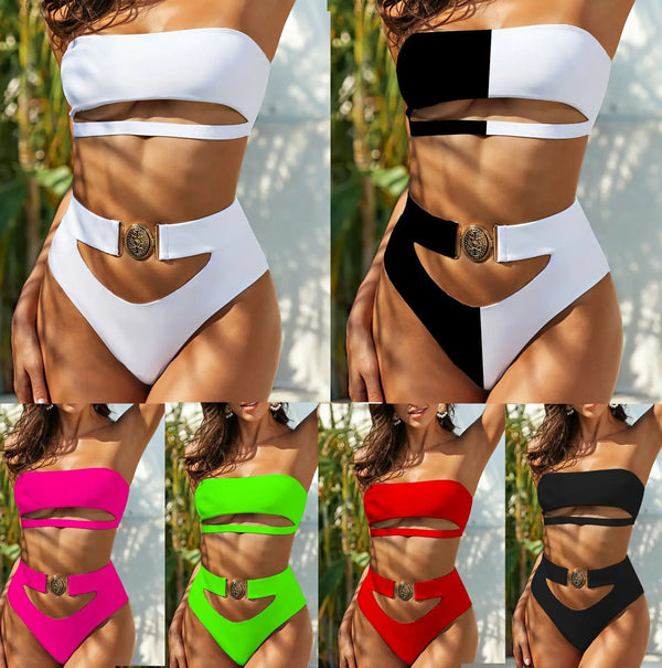 Women clothing summer bikini solid swimwear hollow out high waist woman sexy beach swimwear bikini set swimwear - Allen-Fitness