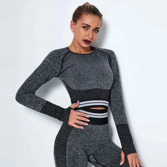 Women's Waist Stripe Seamless Yoga Top for Gym - Long Sleeve Fitness Leggings Shirt
