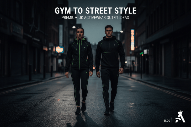A male and female athlete in all-black premium activewear walking confidently on a dark urban street — cinematic, lime accents.