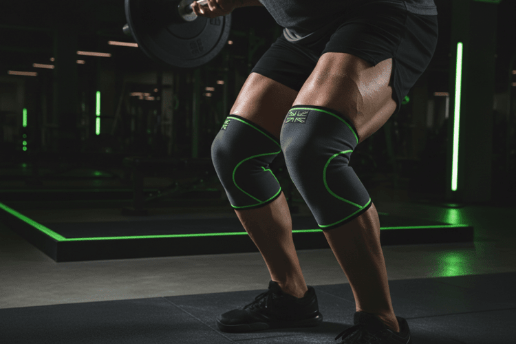 Athlete mid-squat wearing compression knee sleeves in a dark gym with lime accent lighting