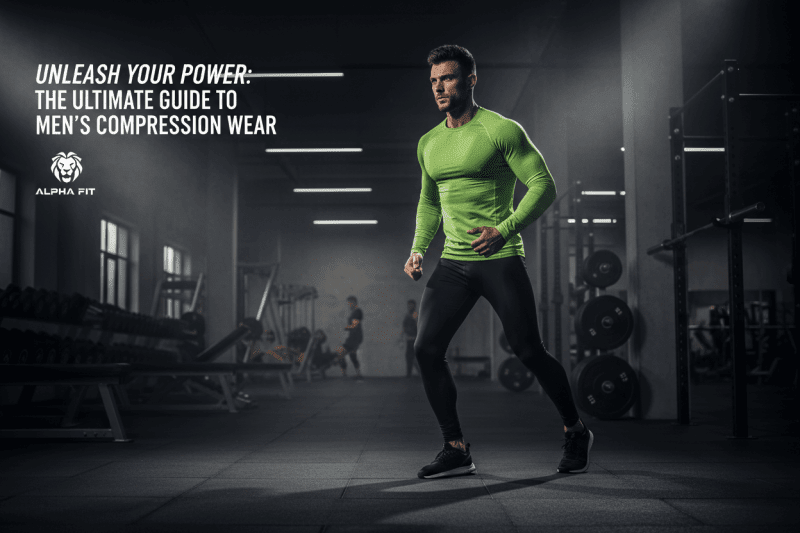 A male athlete in black compression tights and lime base layer in a dramatic gym setting — deep shadows, cinematic lighting.