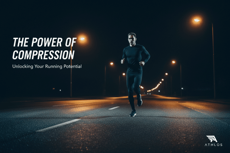 Runner in black compression tights on a dark road at night under street lighting