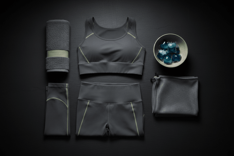Activewear laid out for washing, illustrating the golden rules of caring for gym clothes
