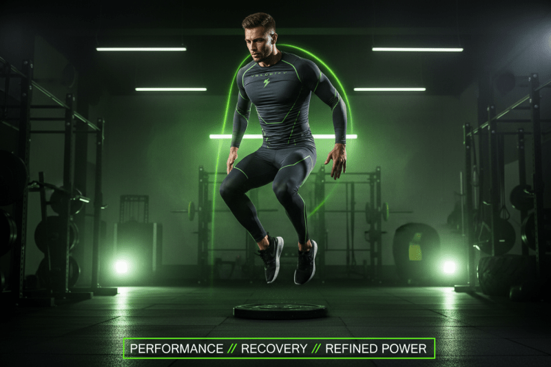 Man wearing men's compression leggings and base layer in a gym setting