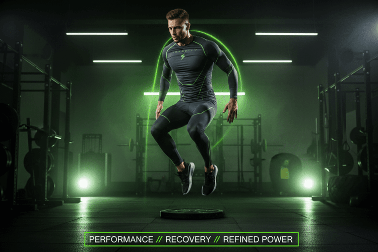Man wearing compression leggings and a base layer during a gym session