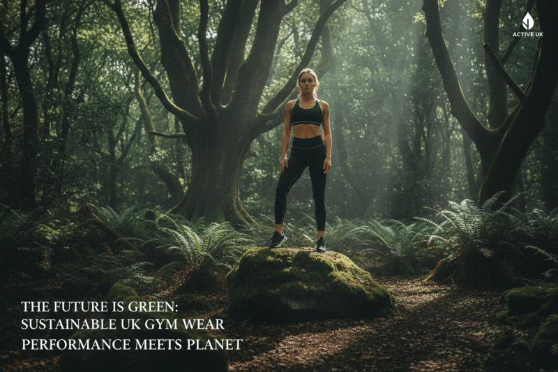 A female athlete in premium black activewear in a lush natural outdoor setting — earthy, cinematic, lime accents.