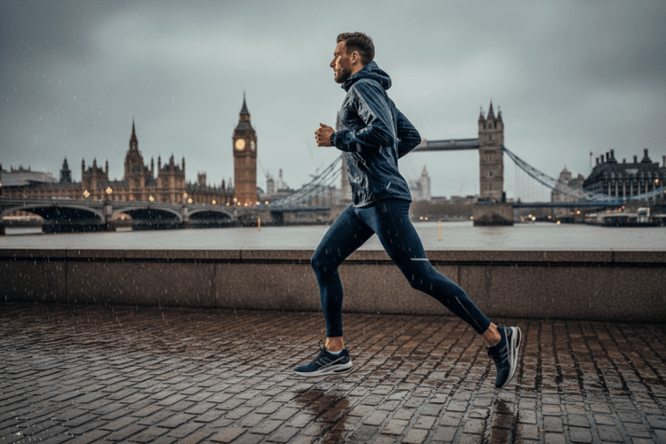 Runner in quick-dry compression leggings and a water-resistant jacket running in wet London weather