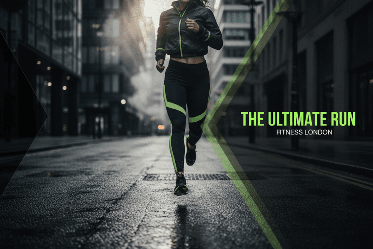 Female athlete in black high-waist running leggings mid-stride on a wet urban street at dawn