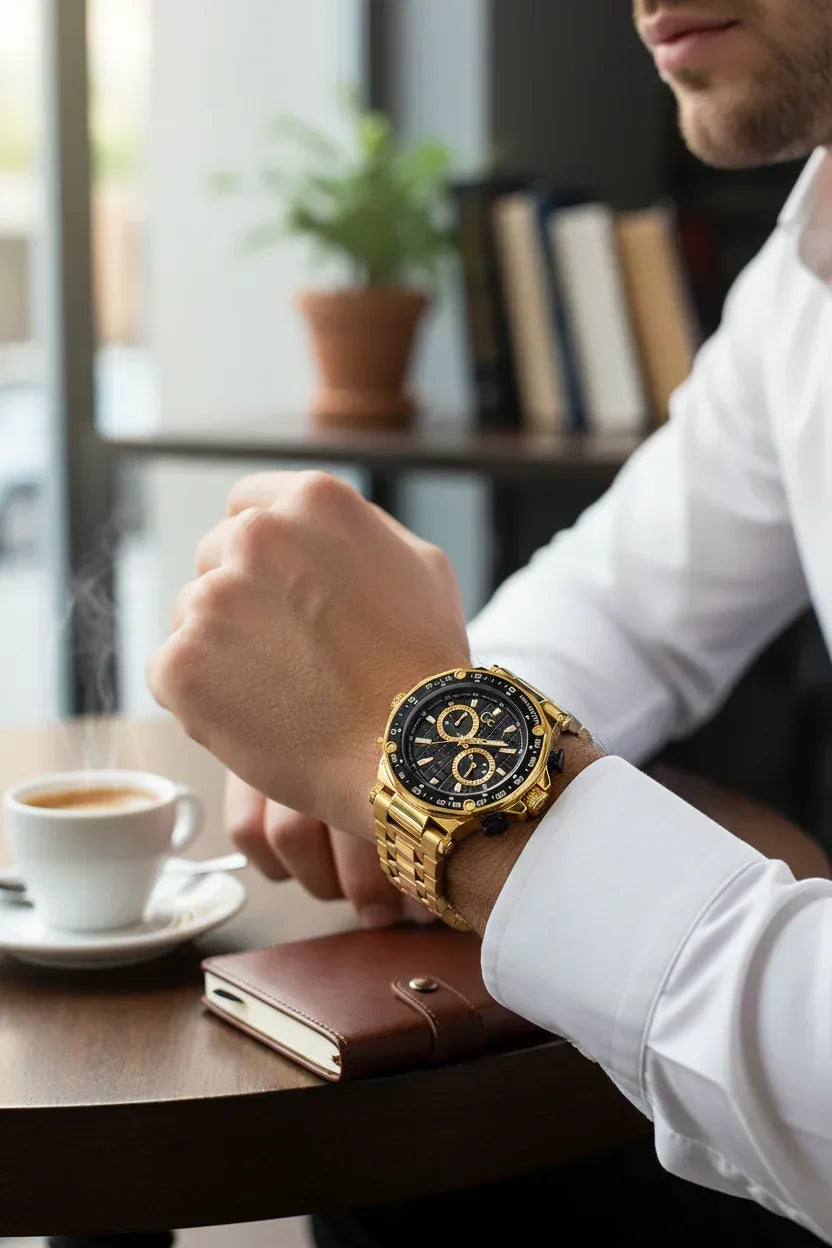 Men's Watch GC Watches Ø 45 mm - Stylish Black Dial, Golden Stainless Steel Bracelet, Quartz Movement - Allen-Fitness