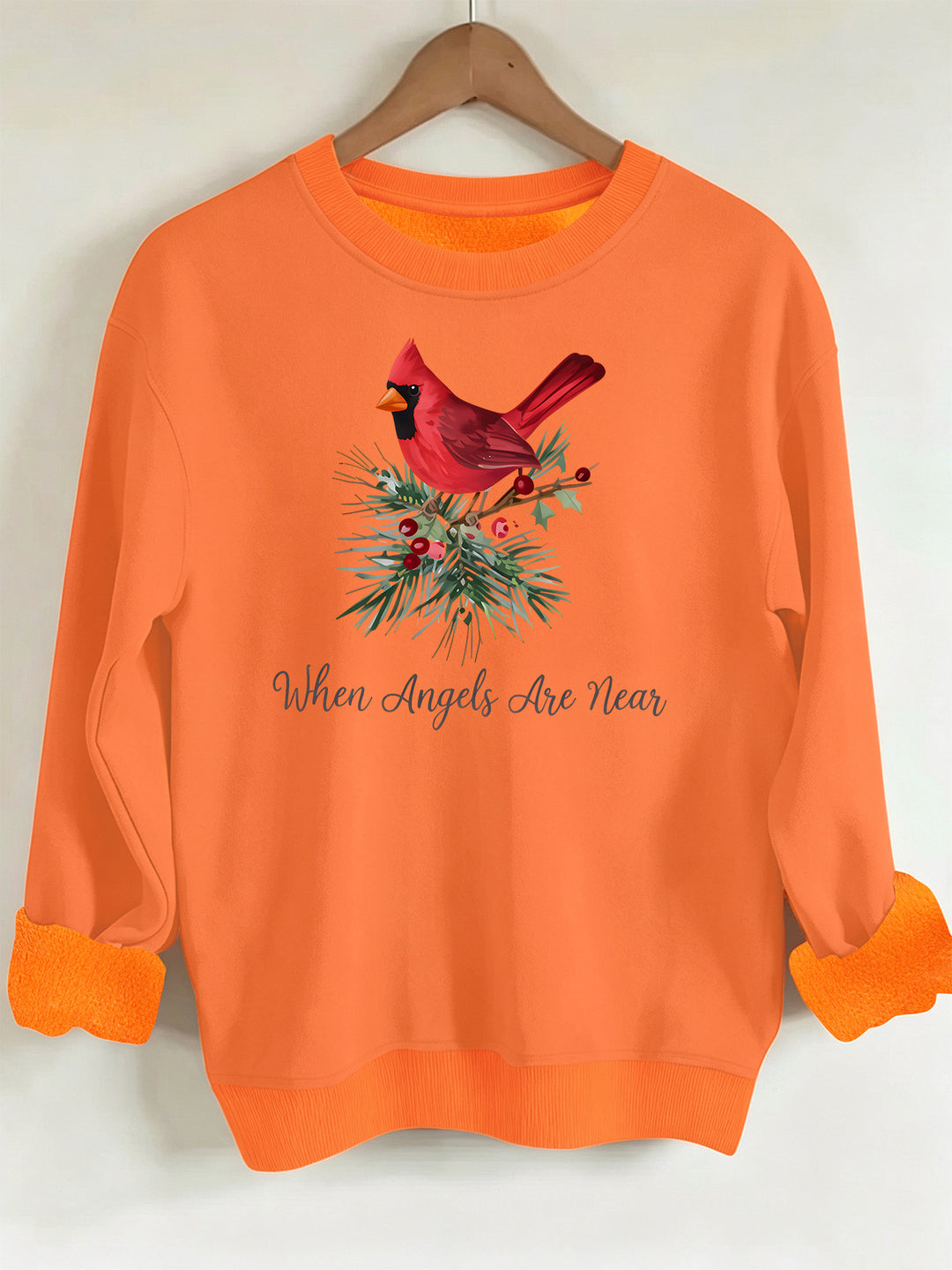 Red bird print round neck fleece hoodie