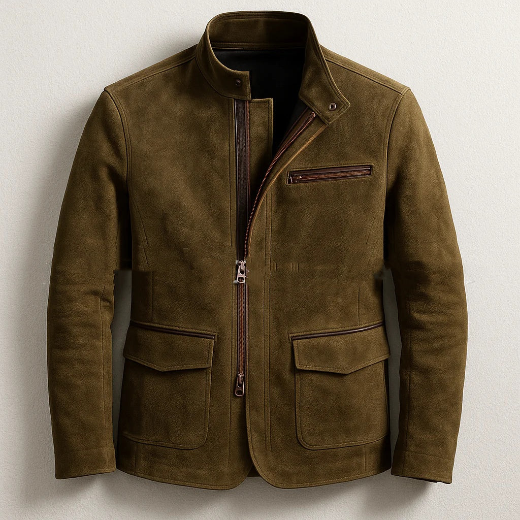 Men's Stand-Up Collar Zip-Up Jacket Casual Vintage Outerwear in Khaki, featuring durable fabric and a modern stand-up collar for comfort.