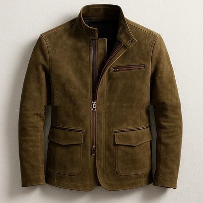 Men's Stand-Up Collar Zip-Up Jacket Casual Vintage Outerwear in Khaki, featuring durable fabric and a modern stand-up collar for comfort.