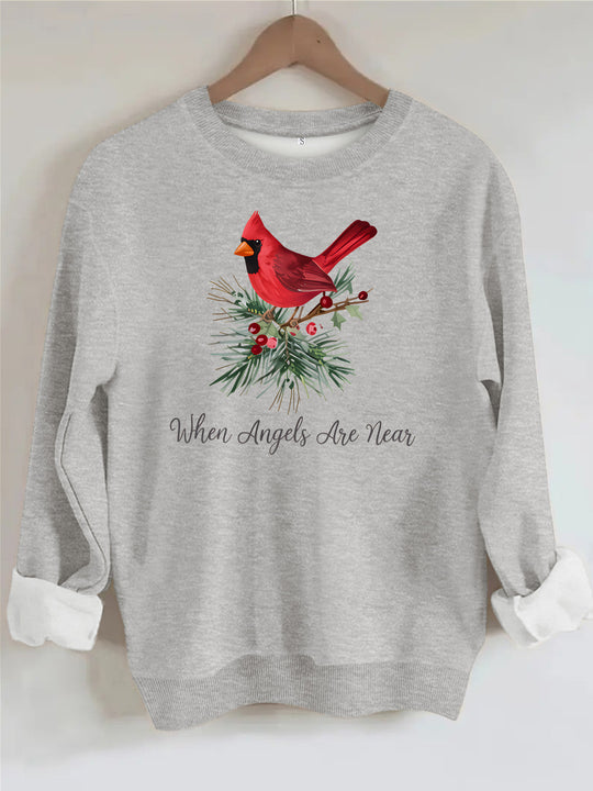 Red bird print round neck fleece hoodie