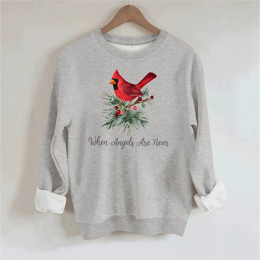 Red bird print round neck fleece hoodie
