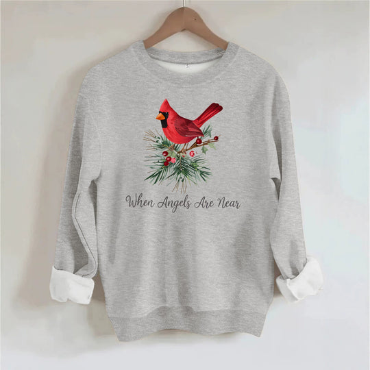 Red bird print round neck fleece hoodie