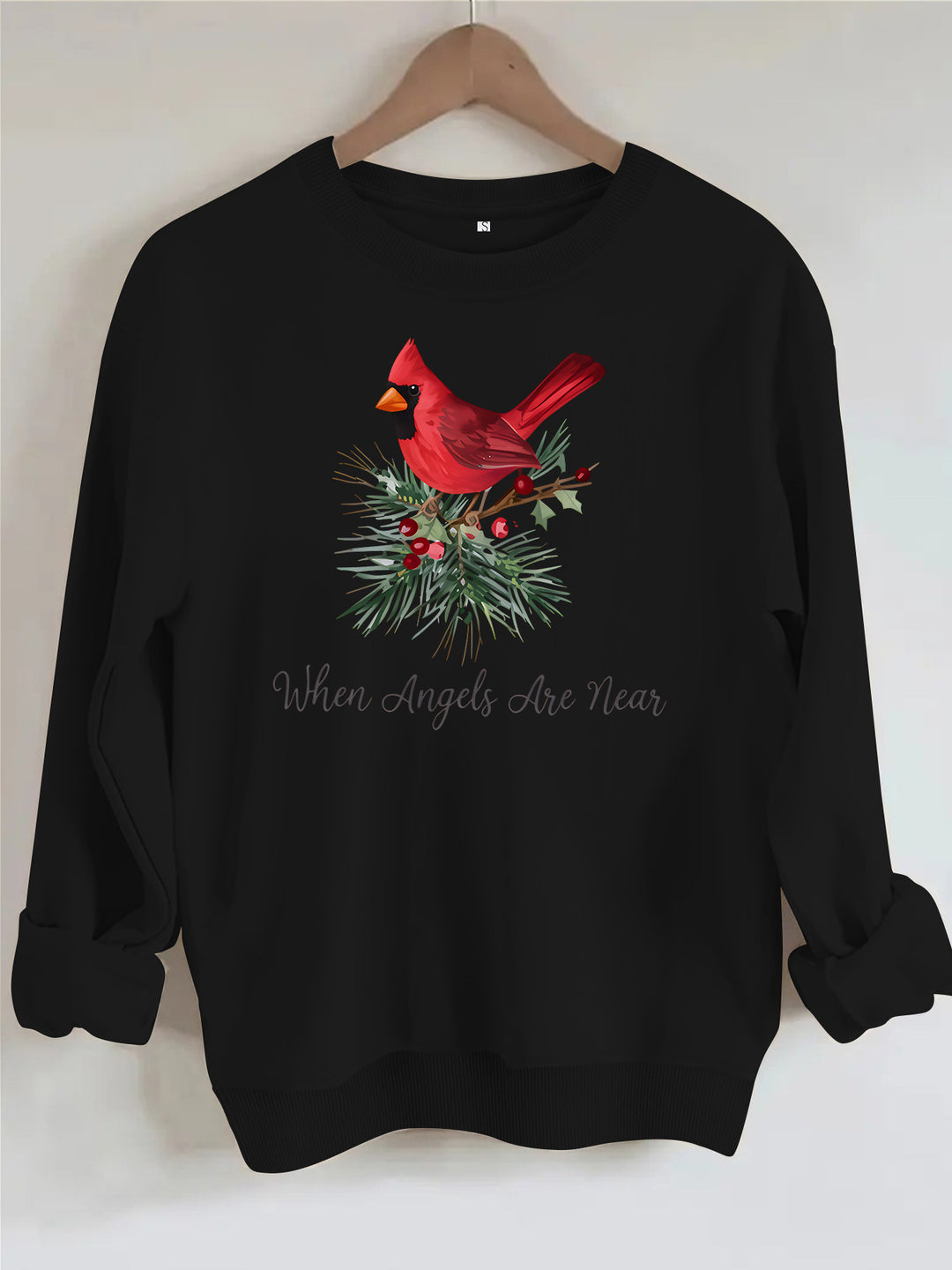 Red bird print round neck fleece hoodie