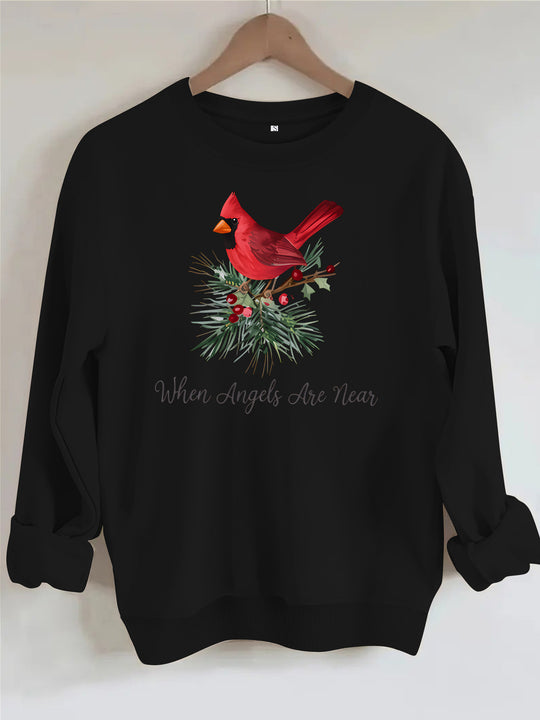 Red bird print round neck fleece hoodie