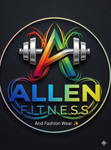 Logo of Allen Fitness with colorful design and dumbbells on a black background