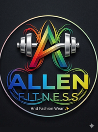 Logo of Allen Fitness with colorful design and dumbbells on a black background