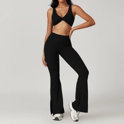 2 Piece Suit C Crop Tops Wide Leg Pants Yoga Set for Women - Allen - Fitness
