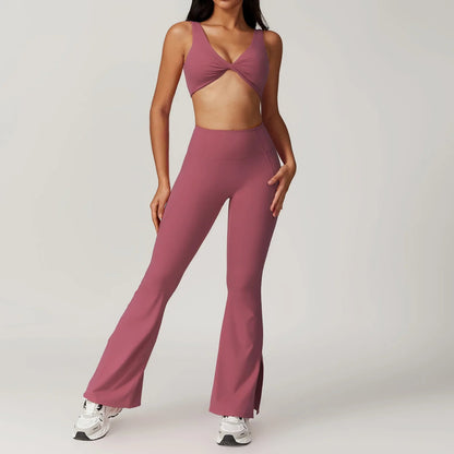 2 Piece Suit C Crop Tops Wide Leg Pants Yoga Set for Women - Allen - Fitness