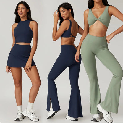 2 Piece Suit C Crop Tops Wide Leg Pants Yoga Set for Women - Allen - Fitness