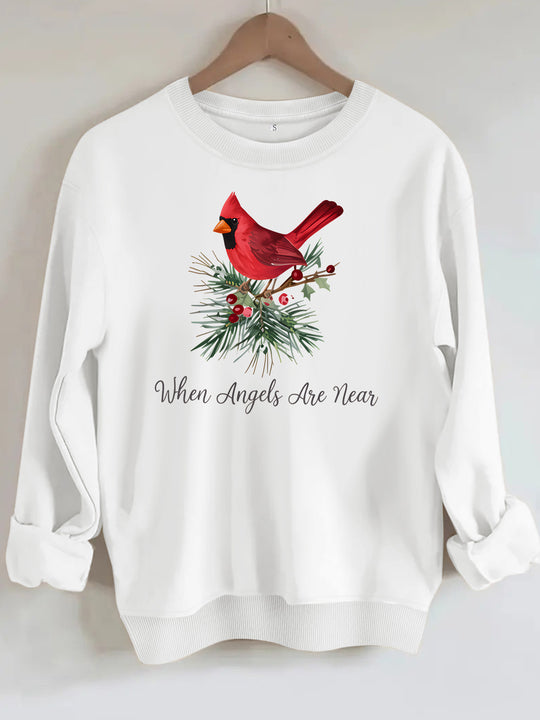 Red bird print round neck fleece hoodie