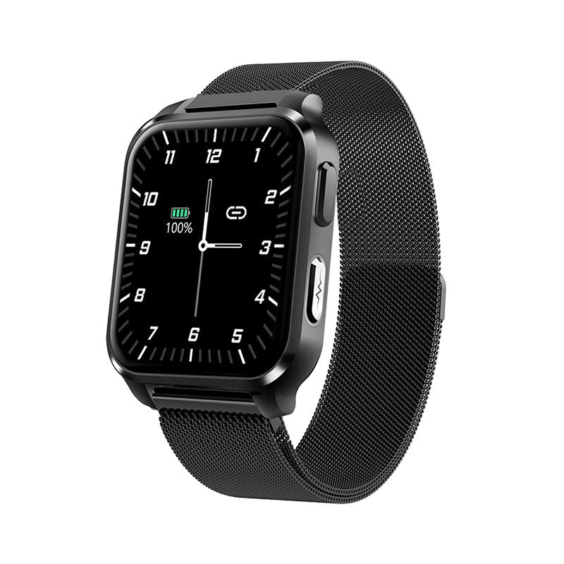 Packaging of ECG Body Temperature Heart Rate Blood Pressure Oxygen Weather Music Sports Smartwatch, including watch, charging cable, and instruction manual.