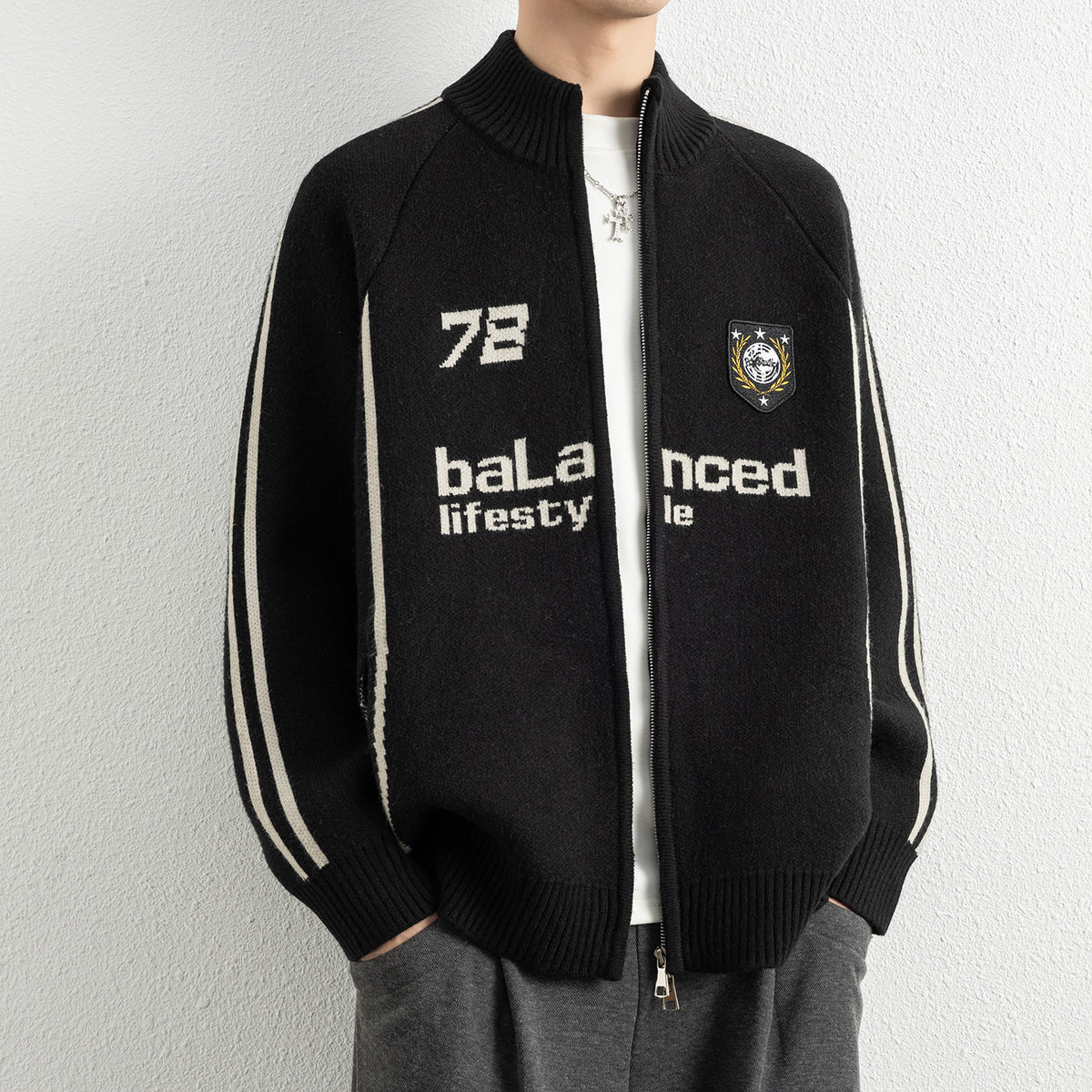 Men's Stand Collar Zip-Up Knit Cardigan Sweater