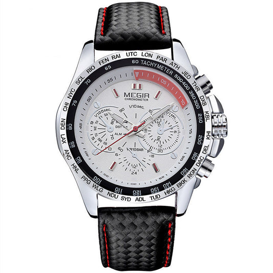 Multifunctional Chronograph Fashion Luminous Steel Case Quartz Watch displayed on a white background, showcasing its elegant design and luminous features.