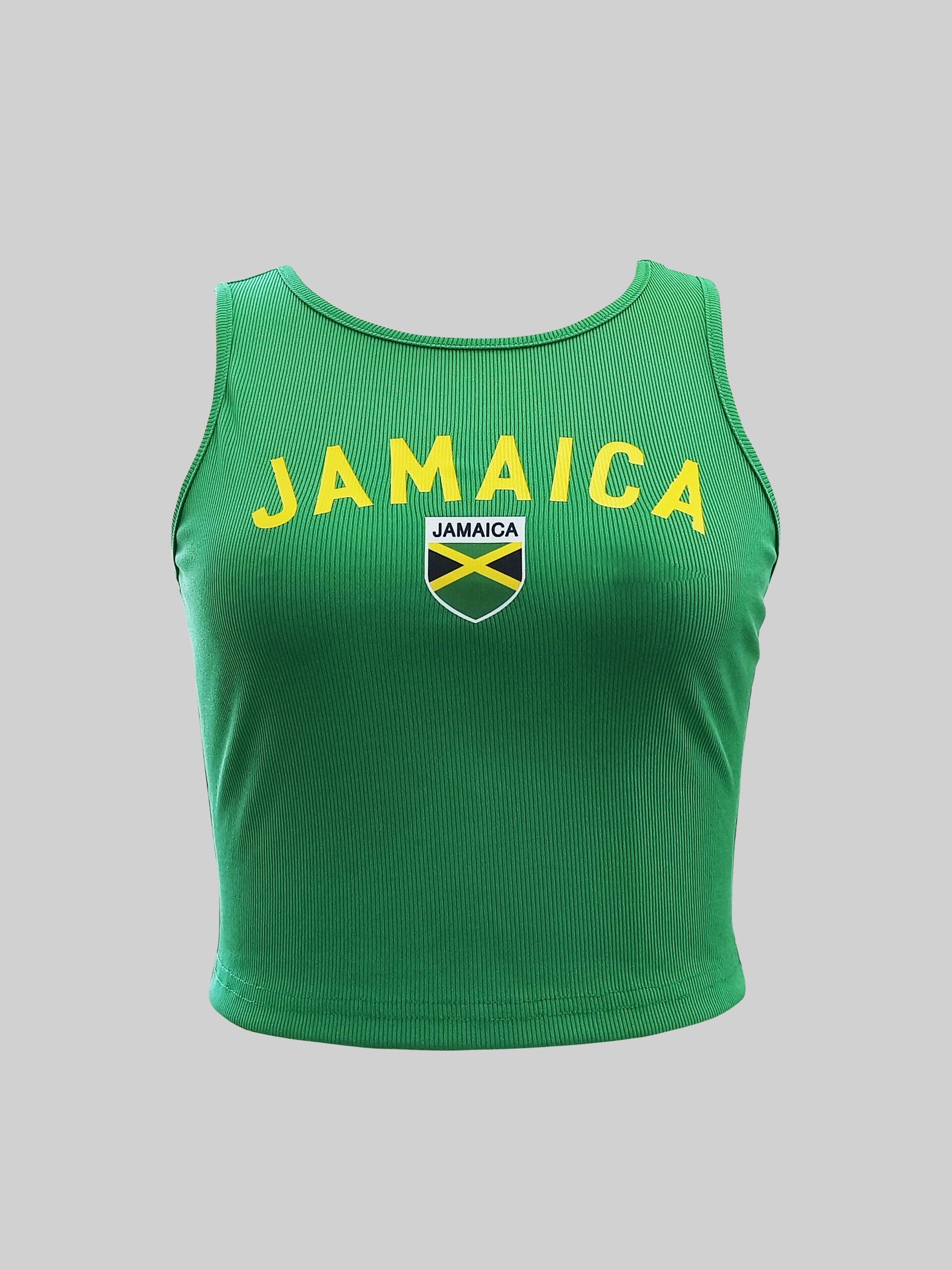 Close-up of Women's Y2K Jamaica Graphic Print Crop Tank Top showcasing unique Jamaica graphic print on black fabric.
