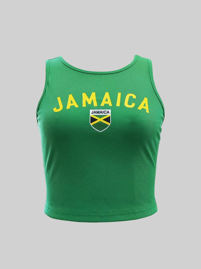 Close-up of Women's Y2K Jamaica Graphic Print Crop Tank Top showcasing unique Jamaica graphic print on black fabric.