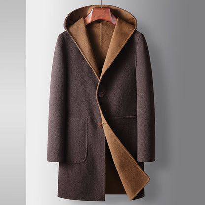 Functional Mens Mid-Length Wool Coat With A Hood, demonstrating patch pockets and extra thickness for warmth.