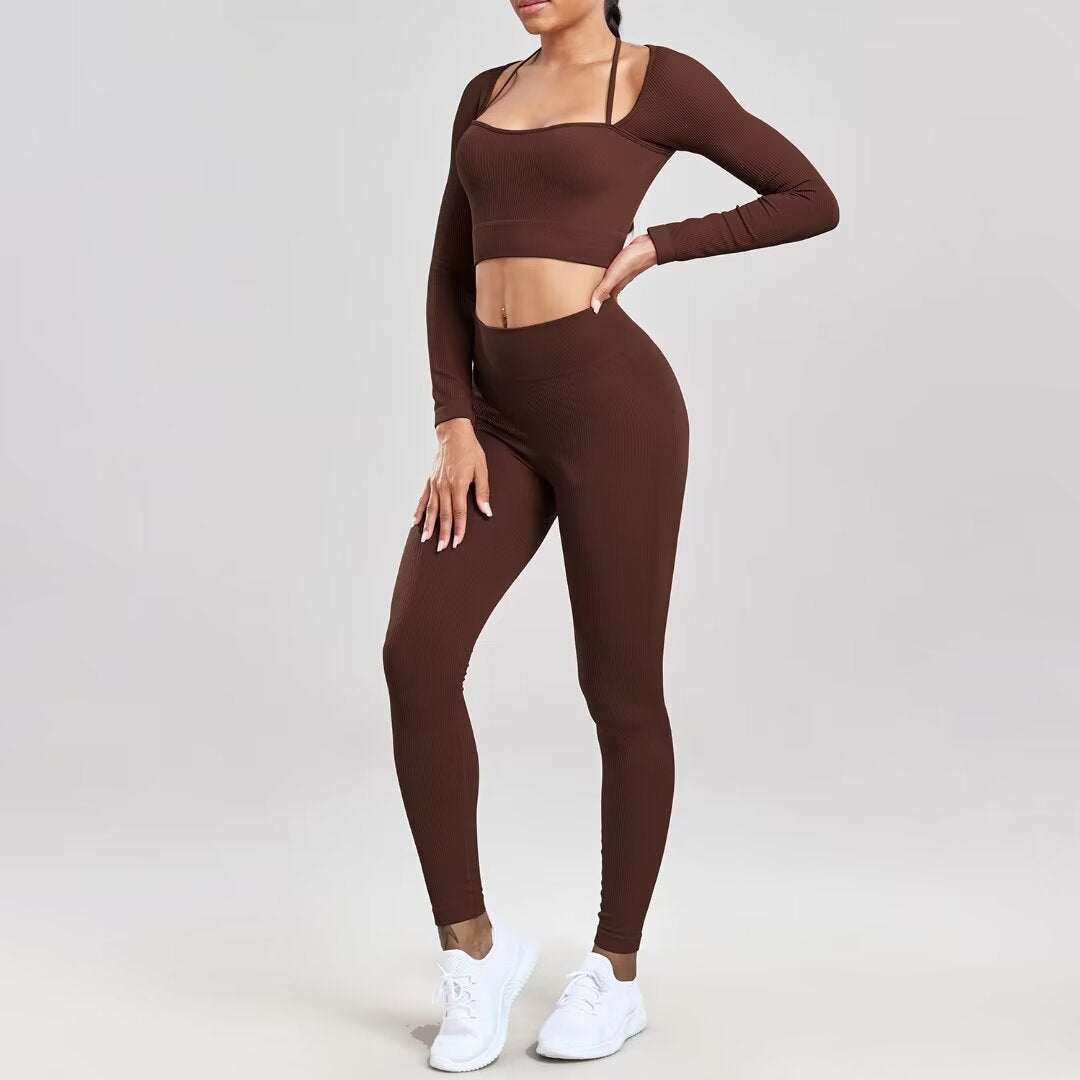 Sports Running Seamless Ribbed Long Sleeve Yoga Fitness Set, Bodycon High-Waisted Backless T-Shirt, Quick-Dry Workout Apparel