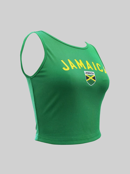 Stylish Women's Y2K Jamaica Graphic Print Crop Tank Top perfect for casual wear, crafted from comfortable polyester.