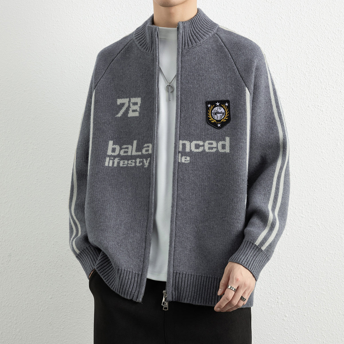 Men's Stand Collar Zip-Up Knit Cardigan Sweater