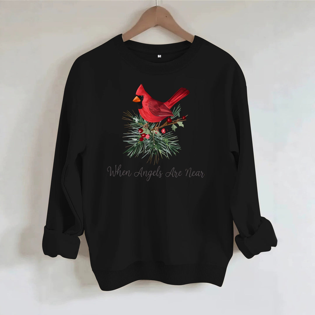 Red bird print round neck fleece hoodie