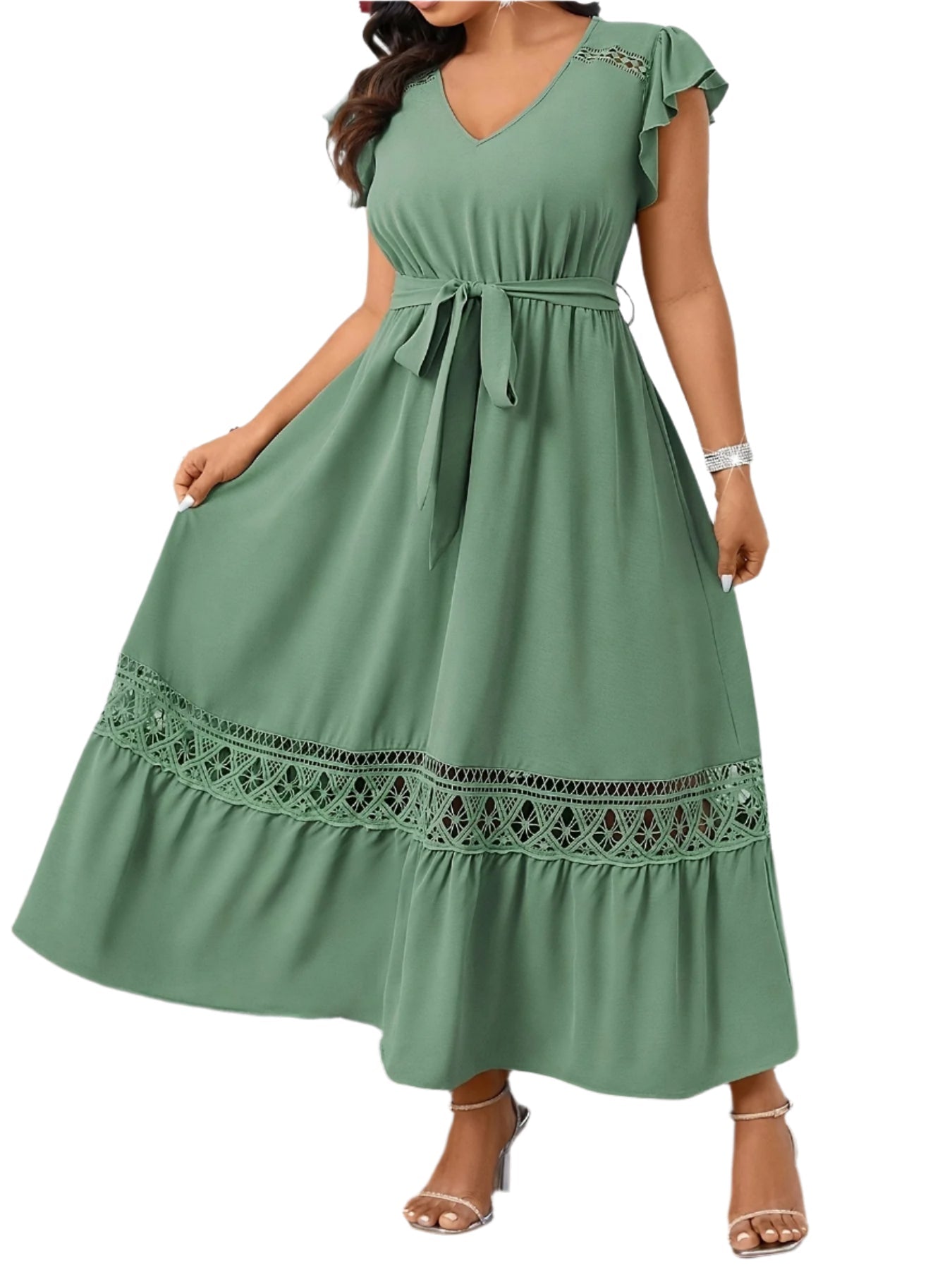 Side view of the Fashion Casual Temperament Dress featuring ruffle sleeves and a V-neck collar.