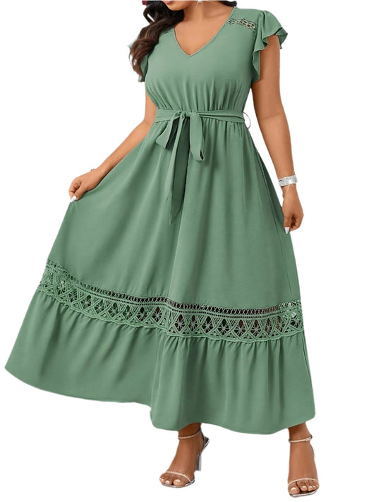 Side view of the Fashion Casual Temperament Dress featuring ruffle sleeves and a V-neck collar.