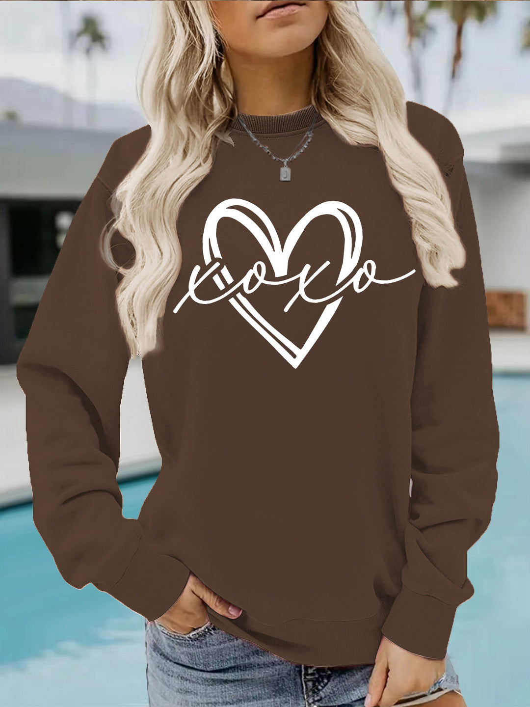 Printed round neck fleece hoodie