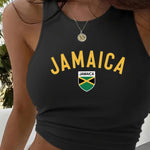 Women's Jamaica Graphic Print Crop Tank Top Black Sleeveless Stretchy Polyester Blend Casual Top - Allen-Fitness
