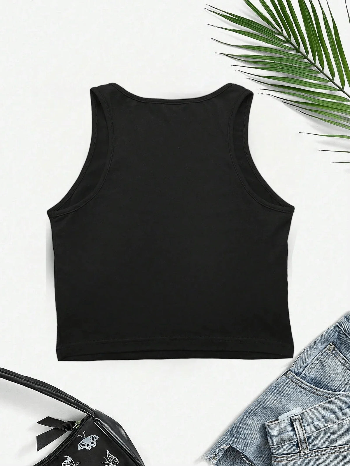 Women's Jamaica Graphic Print Crop Tank Top Black Sleeveless Stretchy Polyester Blend Casual Top - Allen-Fitness