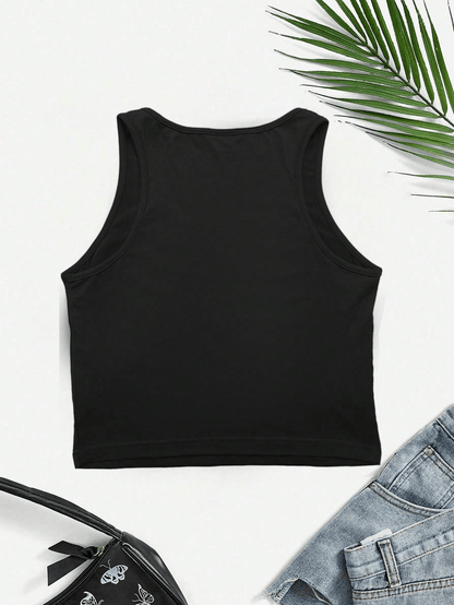 Close-up of the graphic design on the Women's Y2K Jamaica Graphic Print Crop Tank Top Black, highlighting the unique Y2K style.