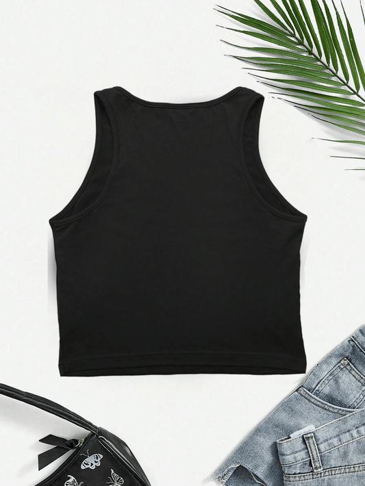 Close-up of the graphic design on the Women's Y2K Jamaica Graphic Print Crop Tank Top Black, highlighting the unique Y2K style.