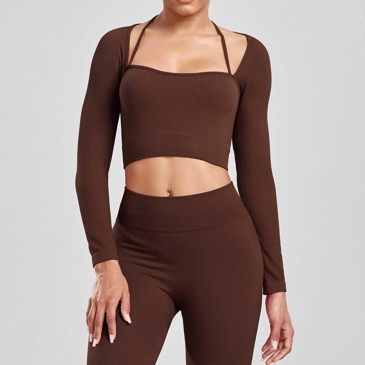 Sports Running Seamless Ribbed Long Sleeve Yoga Fitness Set, Bodycon High-Waisted Backless T-Shirt, Quick-Dry Workout Apparel